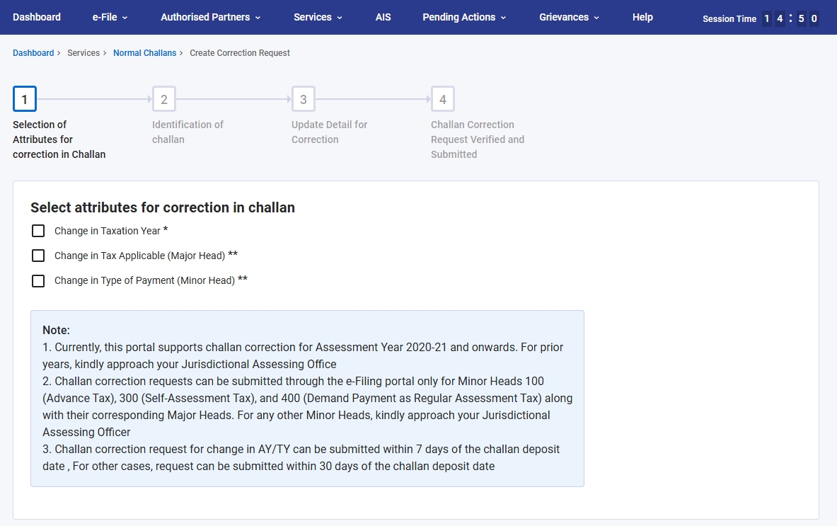 Screenshot of Challan Correction Screen on Income Tax e-Filing Portal