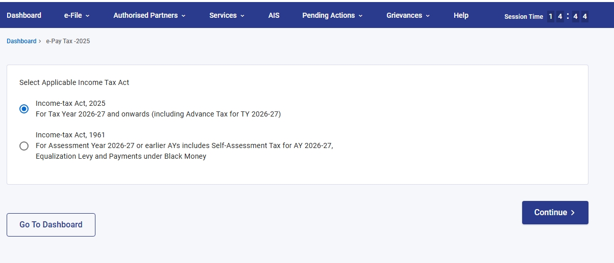 Screenshot of E-Pay Tax Screen on Income Tax e-Filing Portal showing bifurcated tabs for Income Tax Act 1961 and 2025